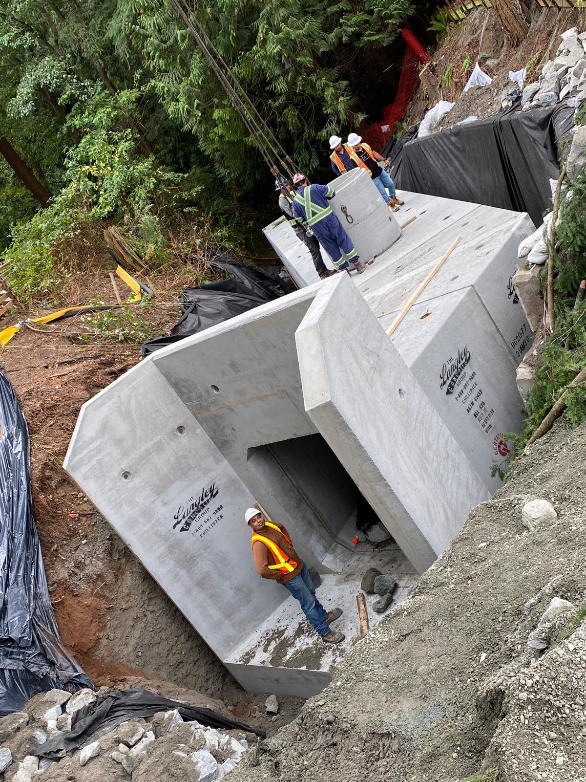 Box culvert being set by crew